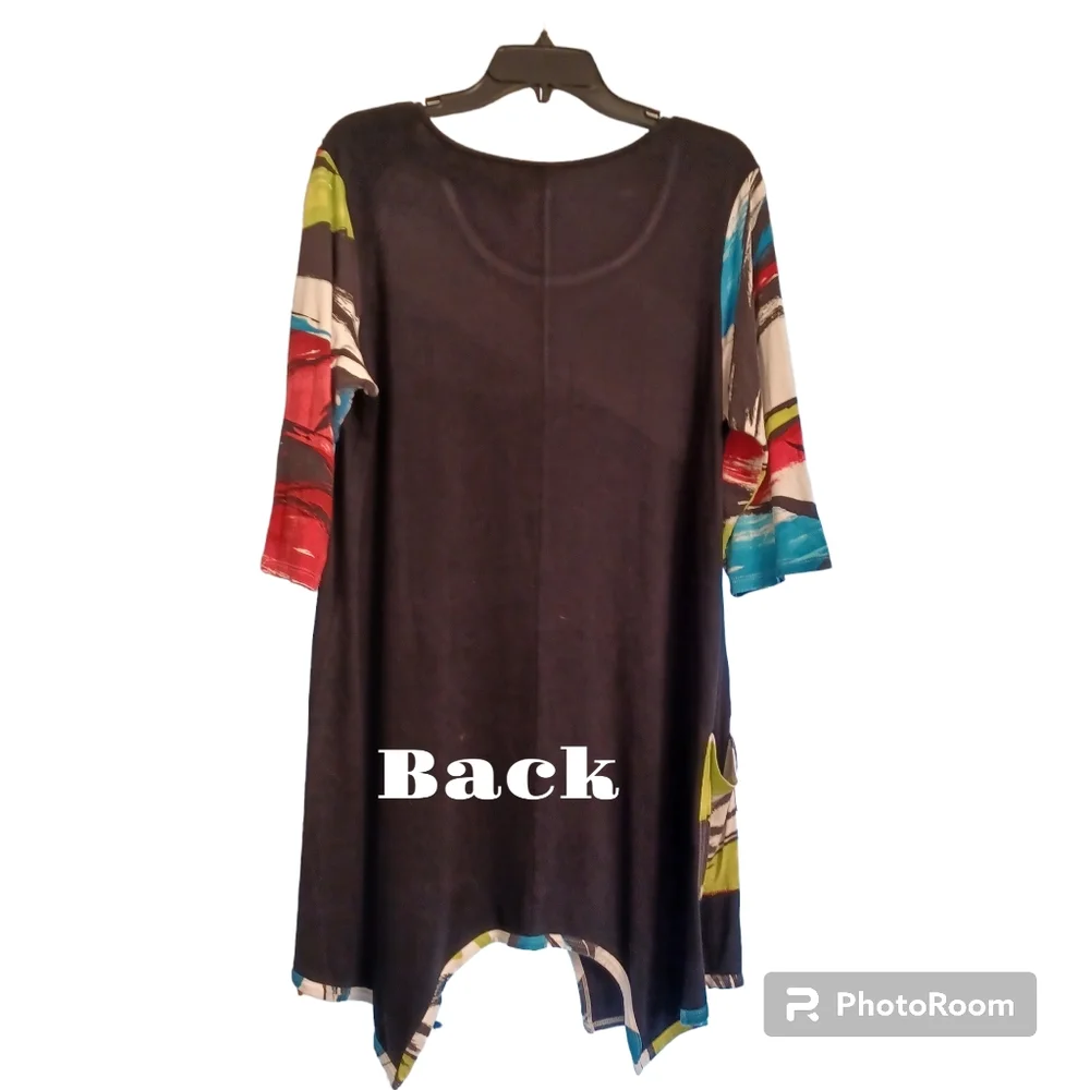 IINSIDE OUT Women's Black Stretch Long Tunic Colorful Sleeves Large